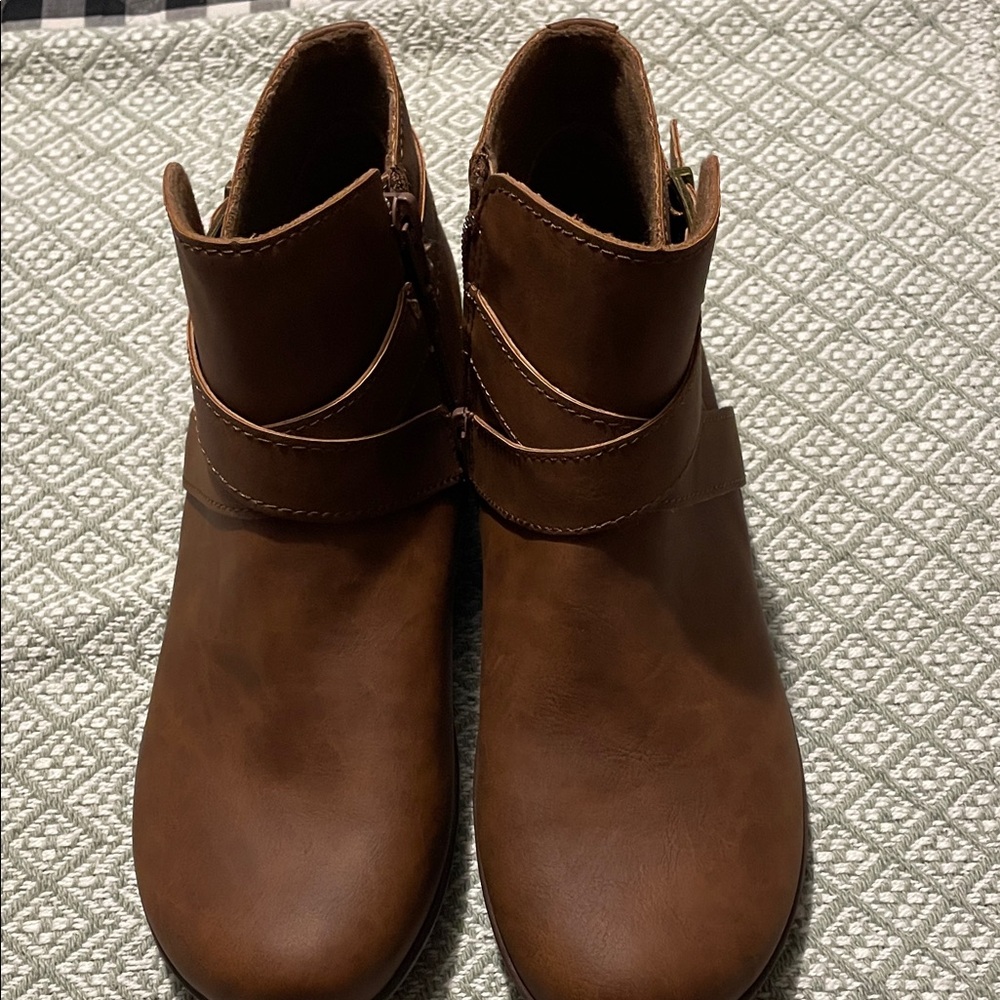boc Tan Faux-Leather Ankle Boots with Buckle Strap